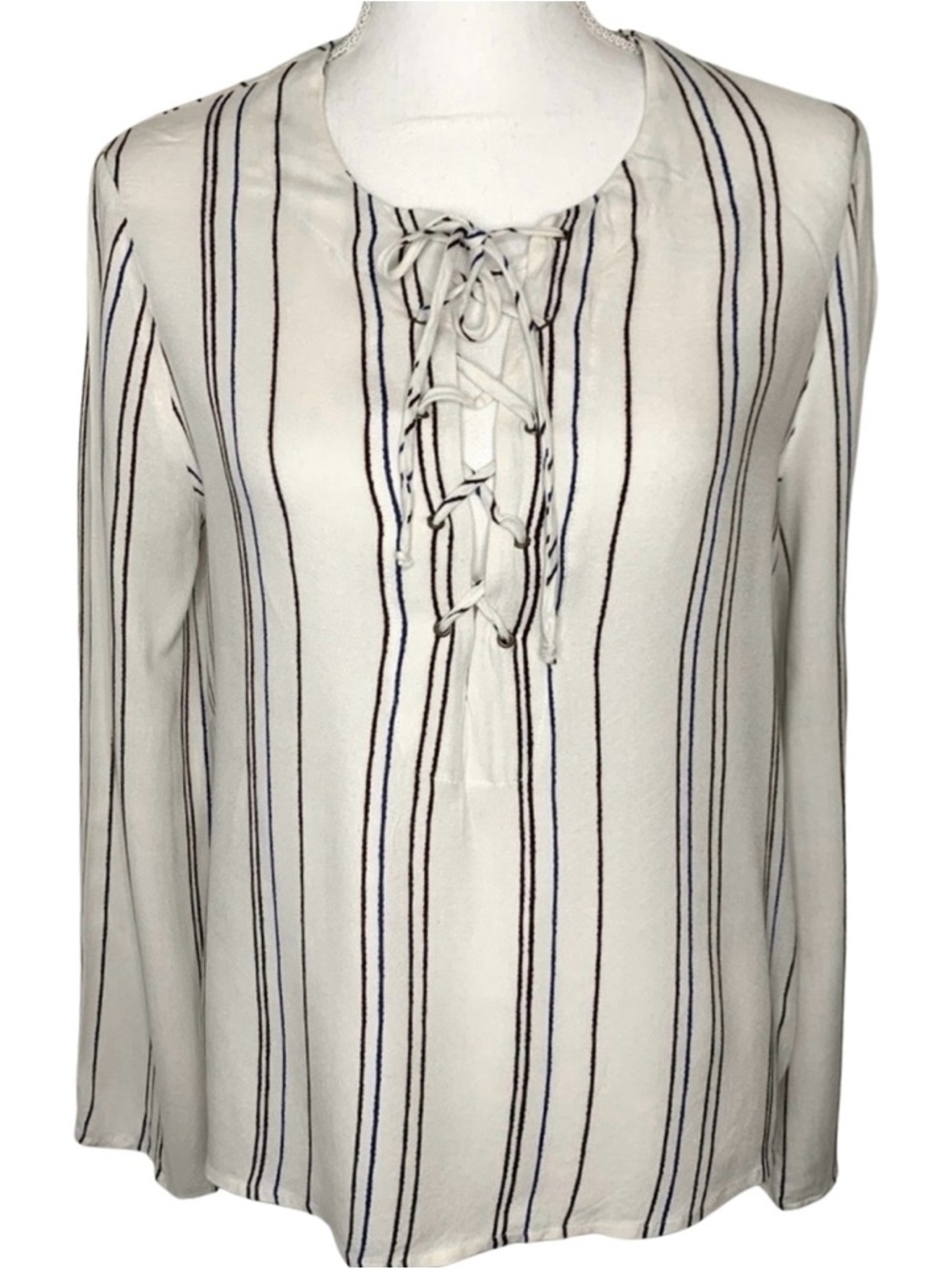 W A Y F Women Blouse Boho Top Stripe Lace up‎ Long Sleeve Size Small Rayon